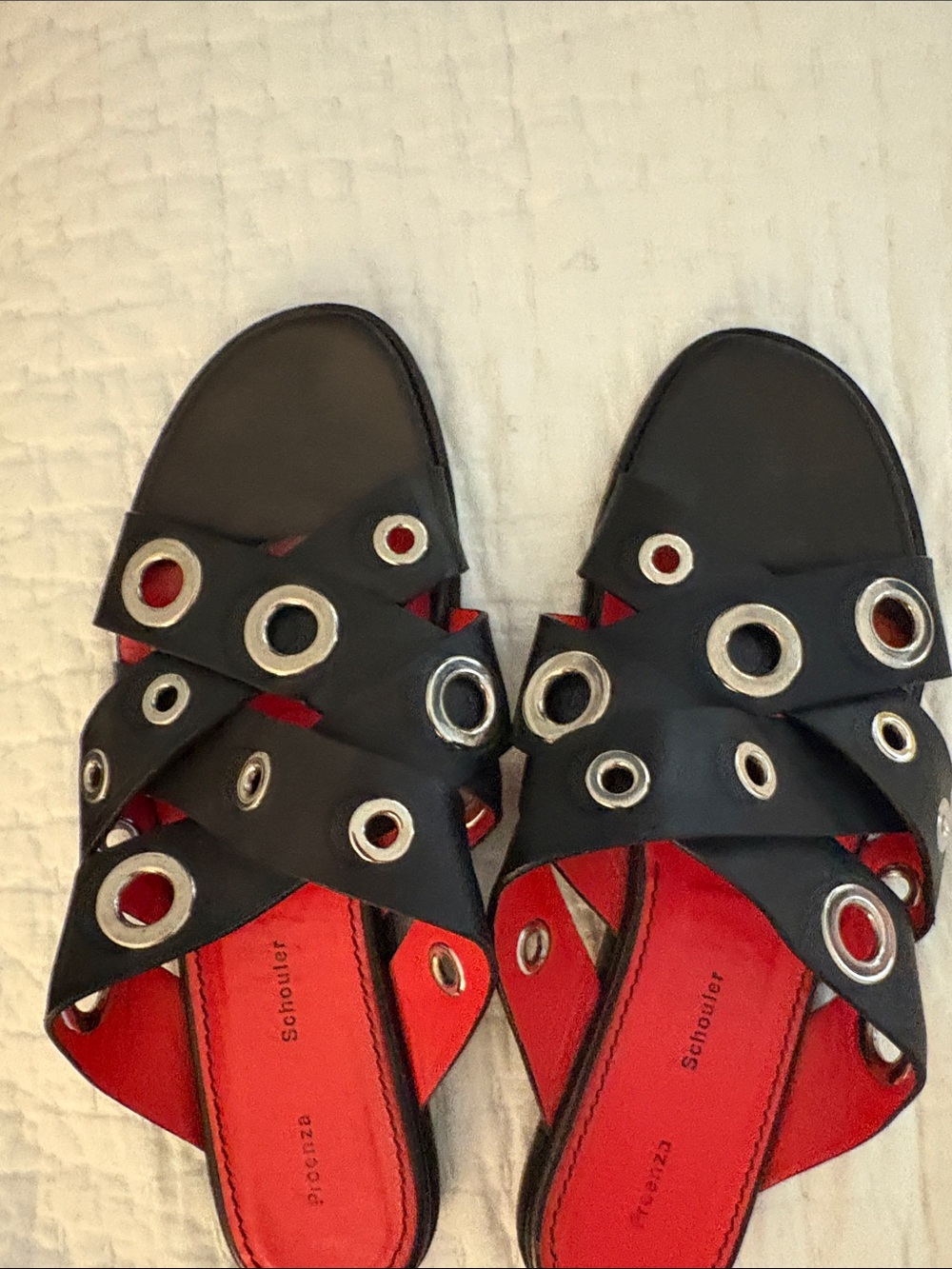 Black Leather Grommet Slide Sandals - Black/Red